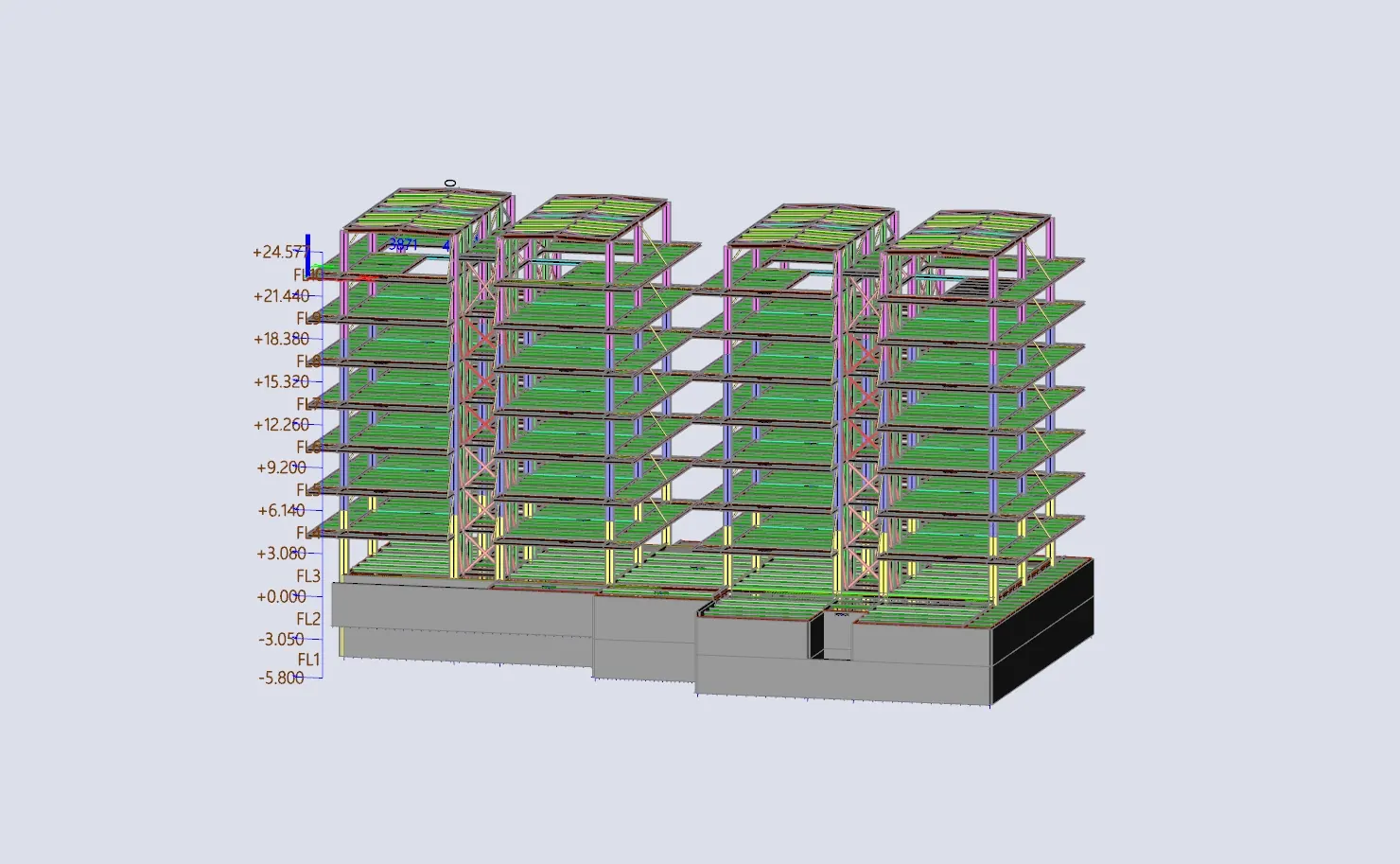 Analysis model of an eight-storey steel-composite building