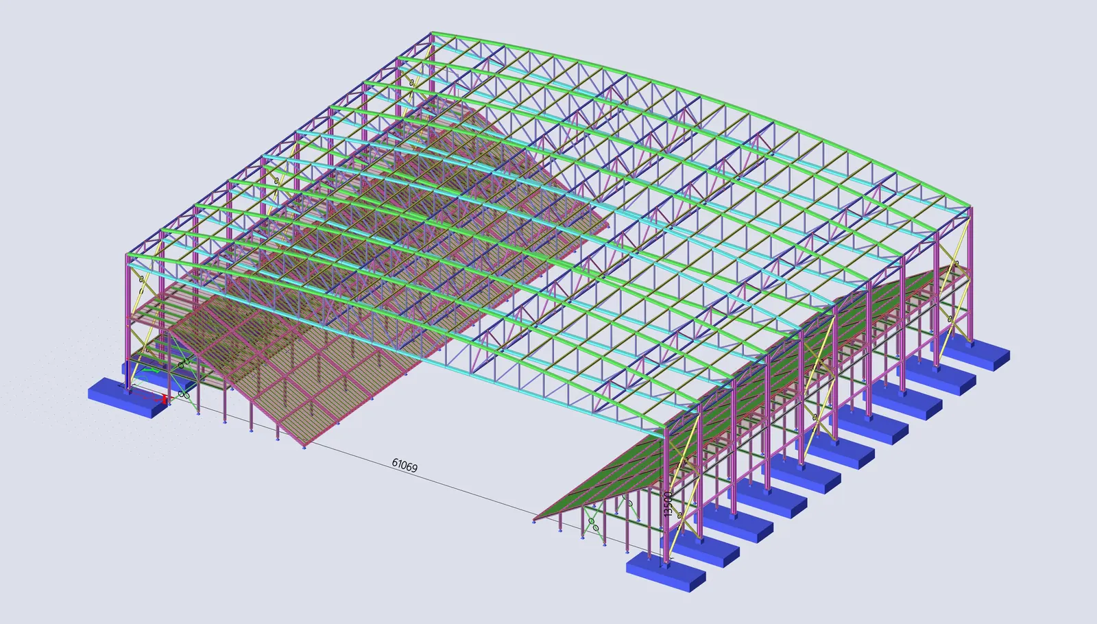 Analysis model of a long-span duopitch steel frame for an indoor sports hall
